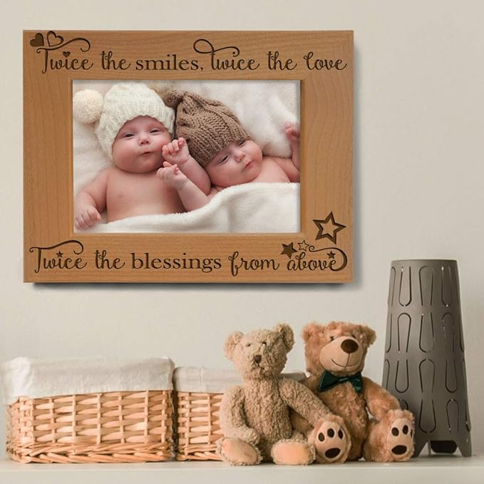 KATE POSH - Twice the Smiles, Twice the Love, Twice the Blessings from above - Engraved Natural Wood Picture Frame - Twins photo frame, Twins gifts for babies, Twins gifts for mom (4x6-Horizontal)