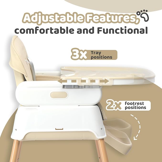 JOYMOR 5 in 1 Baby High Chair for Babies and Toddlers, Portable Highchair Fold Compact, ConvertibleBaby Feeding Chair Booster for Eating with Detachable Double Tray, 5 Point Harness (Beige)