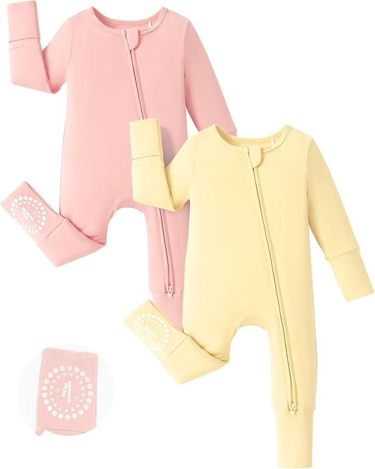 PATPAT Baby Footies Boys Girls - Bamboo Viscose - Zipper & Non-Slip Soles Romper Mitten - Footed & Footless Infant Clothes