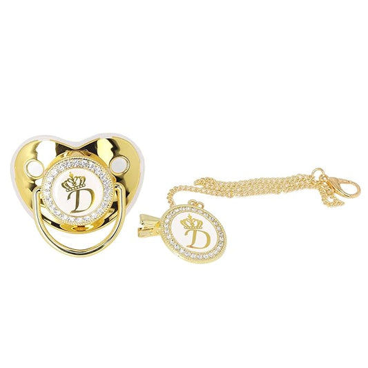 Golden Letter Baby Pacifier with Personalized Bling Design, Clips, Anti-Dust Cover for Newborn Photography, Birthday, Baby Shower