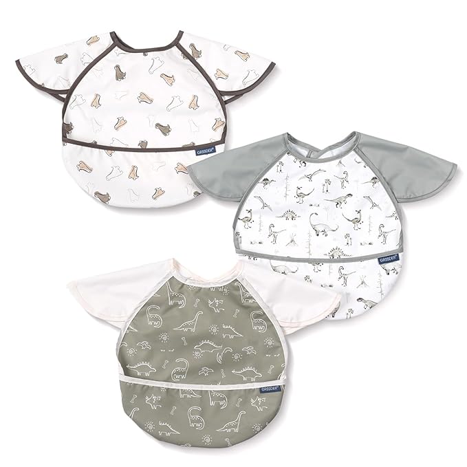 GRSSDER 3-pack Mess Proof Baby Feeding Bibs with Food Catcher Pocket, Soft Lightweight Waterproof Fabric Material with Zero Plastic-like Feel, Adjustable and Easy Clean Toddler Bibs for 6-36 Months