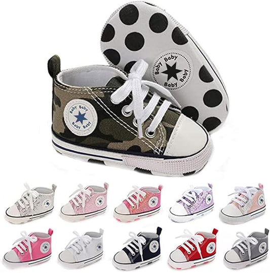 Unisex Baby Boys Girls Shoes, Newborn Infant Non-Slip Canvas Denim High Top Sneakers, Toddler First Walkers Shoes