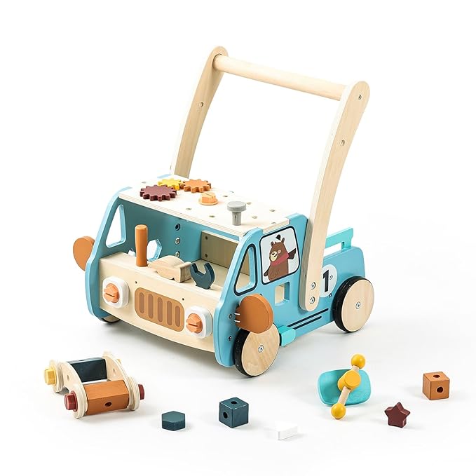 IEATFO Wooden Baby Walker Adjustable Height with Tool Bench and Toy Storage Wagon - Multifunctional Toddler Push Walker Ergonomically Designed for Natural Walking - 3+ Years of Continuous Use