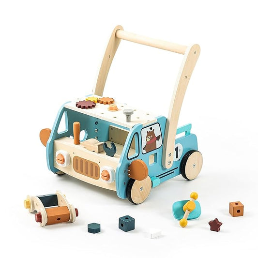 IEATFO Wooden Baby Walker Adjustable Height with Tool Bench and Toy Storage Wagon - Multifunctional Toddler Push Walker Ergonomically Designed for Natural Walking - 3+ Years of Continuous Use