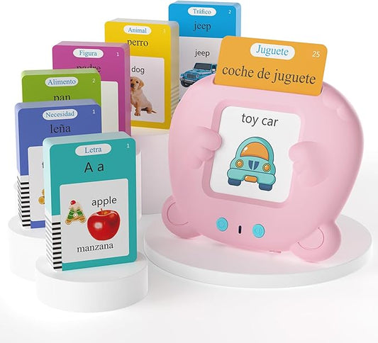 Spanish & English Talking Flash Cards for Toddlers, Pocket Speech Therapy Toys with 510 Words, Montessori Language Learning and Autism Toys, Children's Sensory Learning Device Gift (Pink)