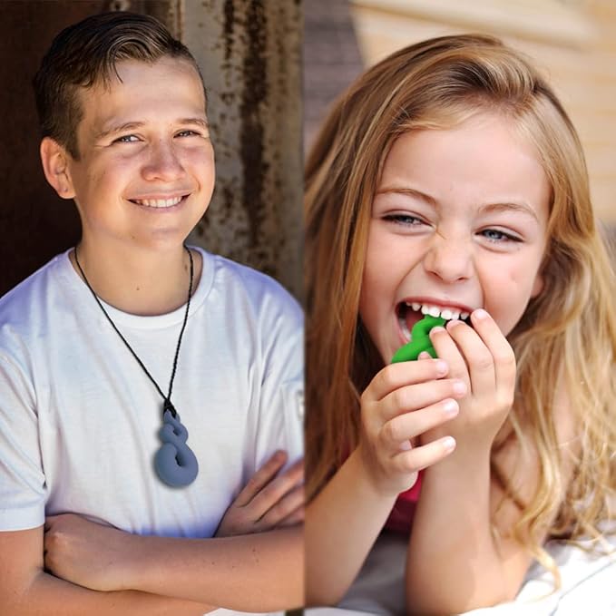 Chew Necklace for Sensory Kids and Adults, 4 Pcs Food-Grade Silicone Chew Toys for Boys Girls with ADHD/Autism/SPD/Anxiety, Durable Chewy Necklace Sensory Reduce Chewing Fidgeting - BPA Free
