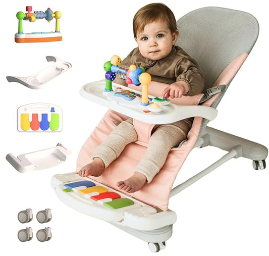 CuddoBaby Baby Bouncer 4-in-1 on Wheels |Detachable Pianos, Feeding Tray| 3-Level Recline Foldable Seat with Play Bar for Infant to Toddler 0-6, 0-12, 12-24 Months, Girl Gift Idea, Upto 29Lbs - Pink