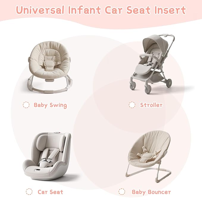 Baby Car Seat Head Body Support & Strap Covers, 2 in 1 Infant Car Seat Insert, Reversible Soft Breathable Newborn Cushion Pads for Preemie, Perfect for Baby Carseats, Strollers, Swings (Light Pink)