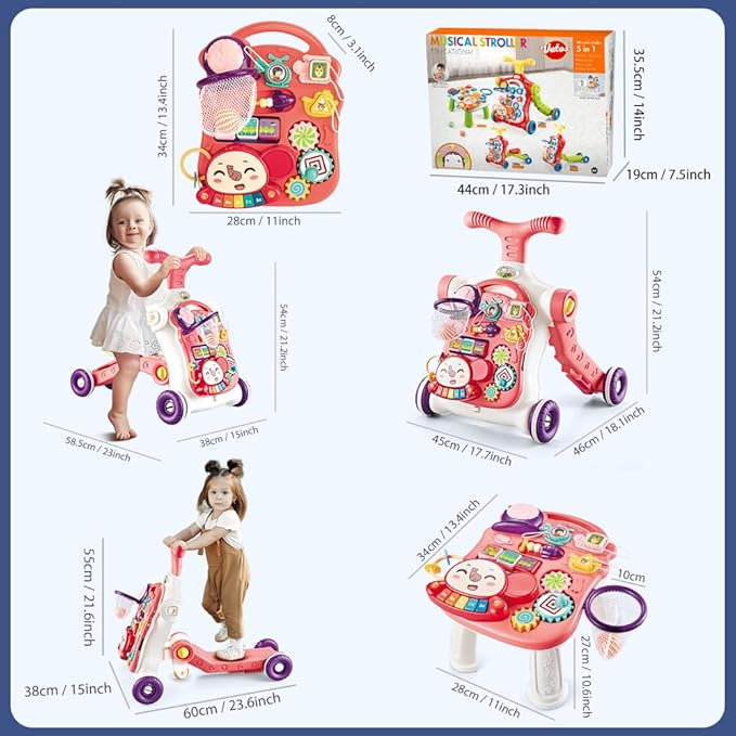 Baby Walker 5 in 1,VATOS Sit-to-Stand Learning Walker,Assemble as Scooter/Balance Bike/Push Walker/Activity Table/Detachable Panel,Push Walkers Toys with Music for Toddlers Infant Boys Girls