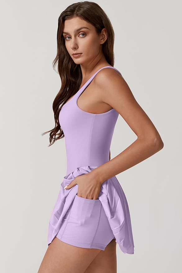 QINSEN Womens Square Neck Tennis Dress Pleated Sleeveless Built in Shorts Golf Athletic Dress with Pockets
