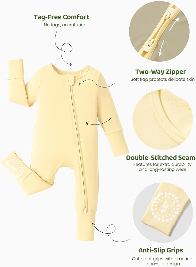 PATPAT Baby Footies Boys Girls - Bamboo Viscose - Zipper & Non-Slip Soles Romper Mitten - Footed & Footless Infant Clothes