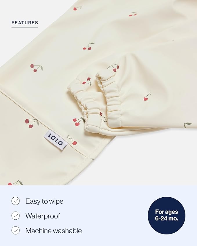 Lalo Smock Bib - Long Sleeve Bib for Infants and Toddlers - Elastic Cuffs, Large Catch-All Pocket, Waterproof Recycled Polyester - Easy to Clean for Mealtime and Art Time - Cherry Infant