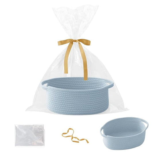 Gift Basket with Gift Bag and Ribbons,Small Rope Woven Shelf Storage,Baskets for Gifts Empty,Birthday,Shower,Decorative Organizer Box for Cat Dog Pet with Handles(Blue)