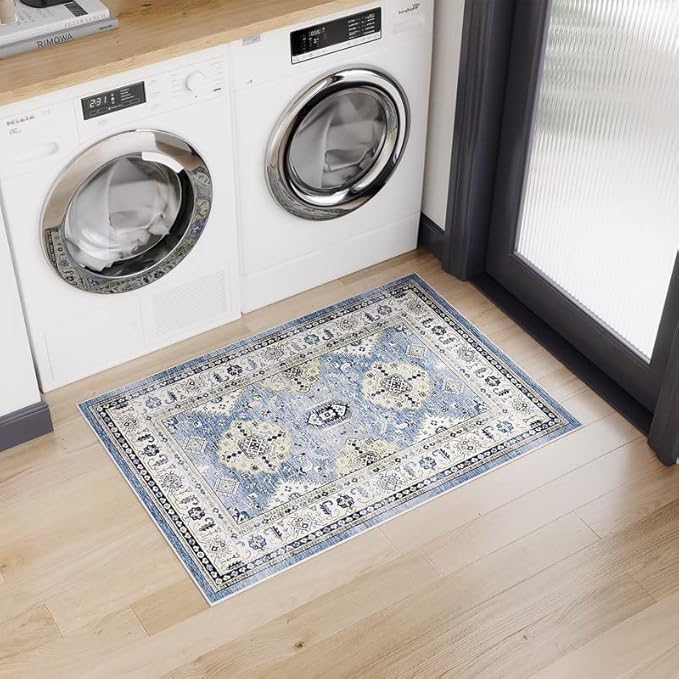 Dripex Vintage Collection Washable Area Rug - 2x3 Door Mat Small Entryway Rug Distressed Non-Slip Low-Pile Floor Carpet for Indoor Front Entrance Kitchen Bathroom Living Room Bedroom