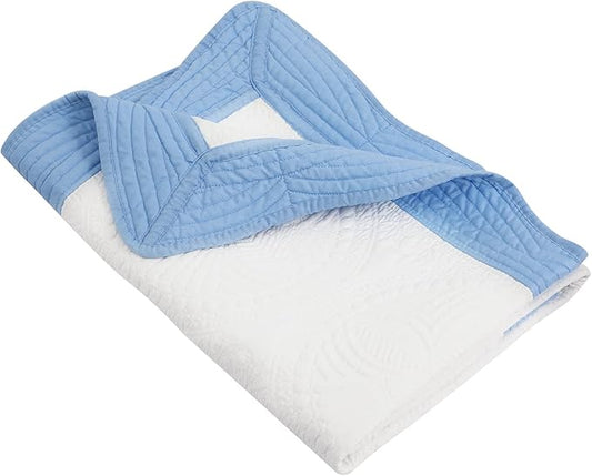 MONOBLANKS Baby Quilt Personlized Monogram Lightweight Embossed Scalloped Throw Blanket Four Seasons (White-Blue Trim)