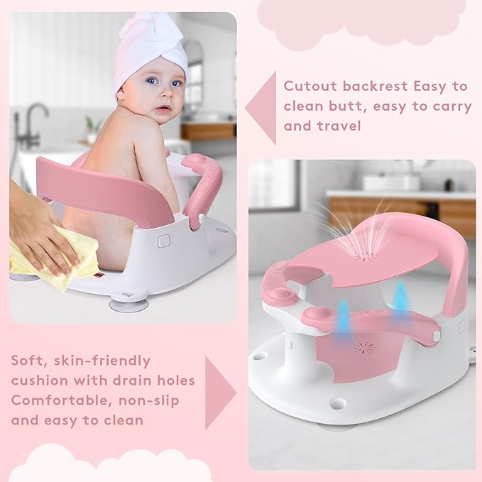 Baby Bath Seat for Babies Sitting Up with Temperature Alert+Soft Cushion+Suction Cup,Infant Bath Seat for Baby 6 Months & Up,Baby Bath Chair Toddler Bath seat for Bathtub Tub Pink