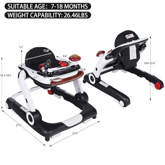 Kinder King Baby Walker with Music & Lights, 5 in 1 Baby Bouncer Activity Walker, Adjustable Height & Seat, Learning-Seated & Toddler Walk-Behind, Safety Bumper, Infant Walker Anti-Rollover, Black
