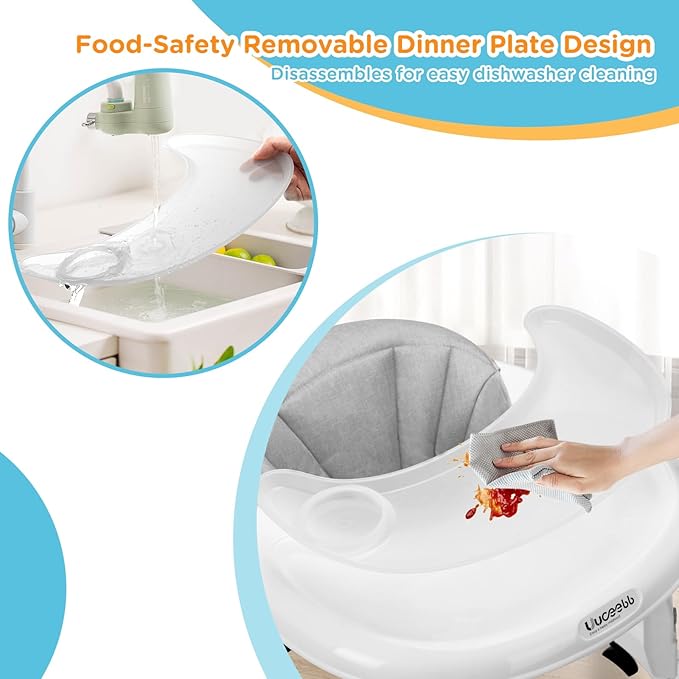One-Touch Folding Baby Walker, Anti-Roll 8-Wheel Round Chassis, 7-Speed Height Adjustment, with Large Dinner Plate and Brake, 6-18 Months Baby Walker, Gray.