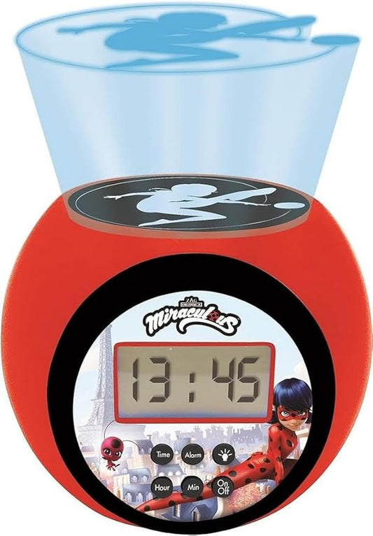 LEXiBOOK - Miraculous Projector Alarm Clock with Snooze Function and Alarm Function, Night Light with Timer, LCD Screen, Battery Operated, Red/Black, RL977MI