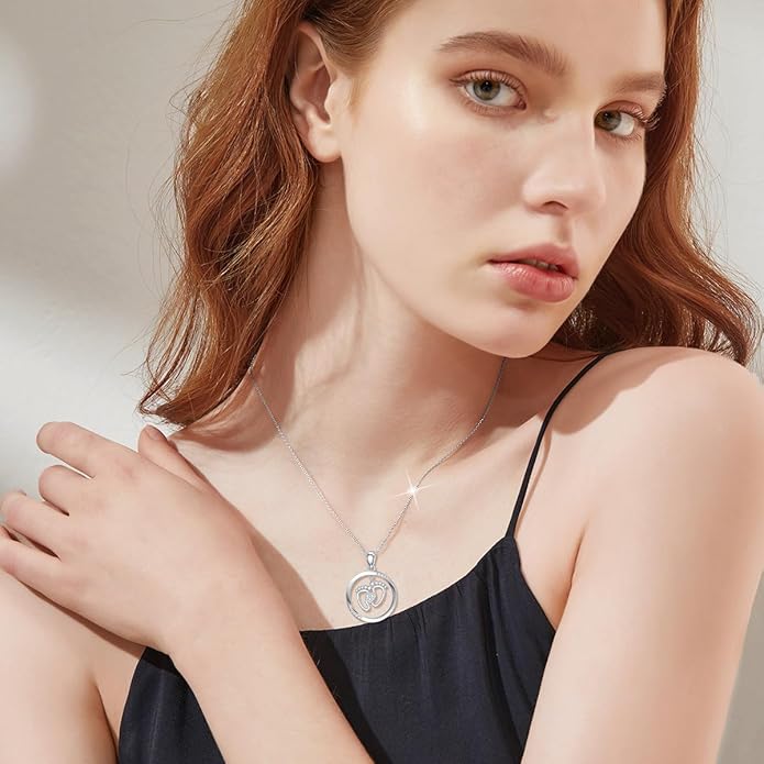 Diamond Baby Feet Necklaces for Women 925 Sterling Silver Mother Heart Pendant Baby Footprint Necklace for Mom-to-Be Gifts Diamond Jewelry