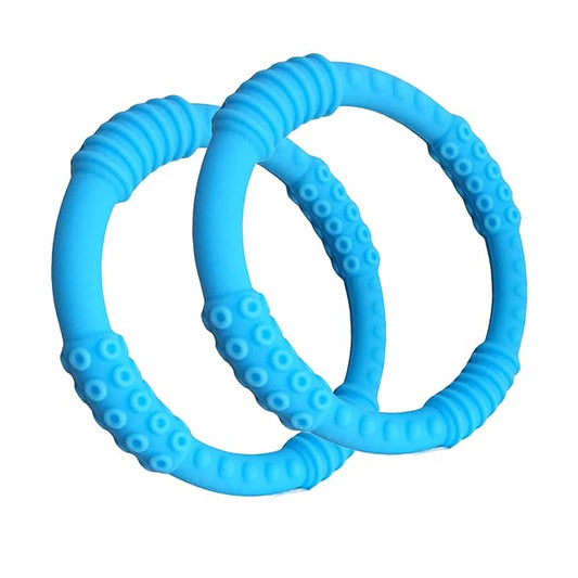 Babynow Teething Rings - Sensory Teether Ring Pacifiers for Babies 0-12 Months Sensory Chew Toy Safe Toddler Comforter Soother Infant Dummie Toy - Blue 2 Pack