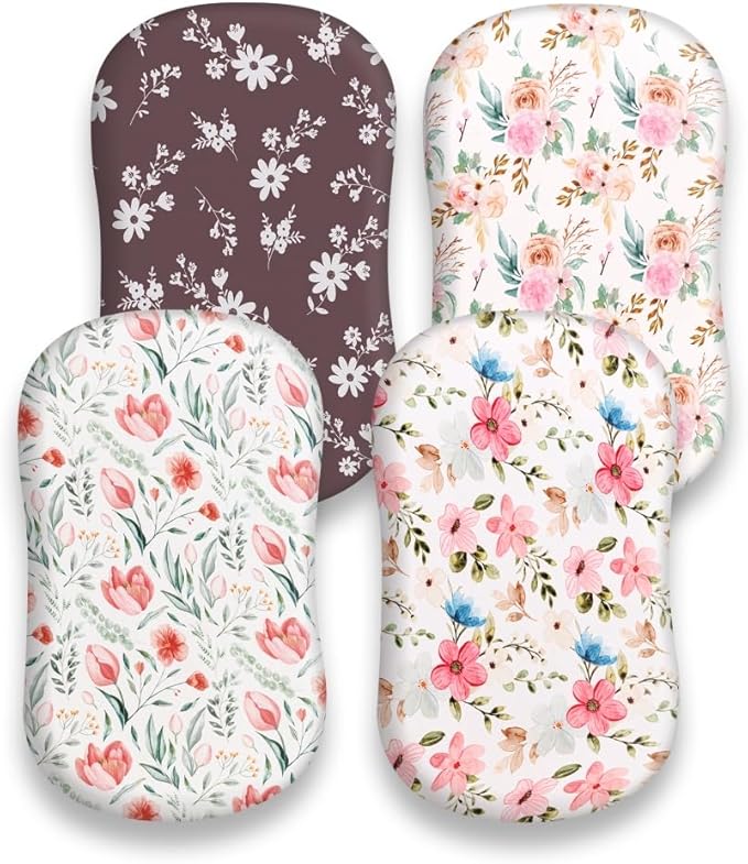 4 Pack Baby Girl Bassinet Sheets Set Soft Fitted Floral or Elephant Theme Baby Girl Mattress Covers Breathable Toddler Bed Sheets for Infant or Newborn Girls (Flower, Bassinet Sheets)