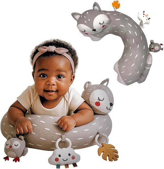 Tummy Time Pillow with 3 Detachable Sensory Toys - Infant Head Support & Neck Strengthening Mat - Soft & Breathable Baby Gym Play Pillow - Machine Washable (Gray Fox)