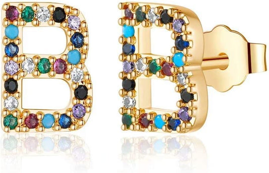 Memorjew Initial Stud Earrings for Women, Hypoallergenic 925 Sterling Silver Post Rainbow Cubic Zirconia Gold Plated 26 Initial Earrings for Women Jewelry Gifts