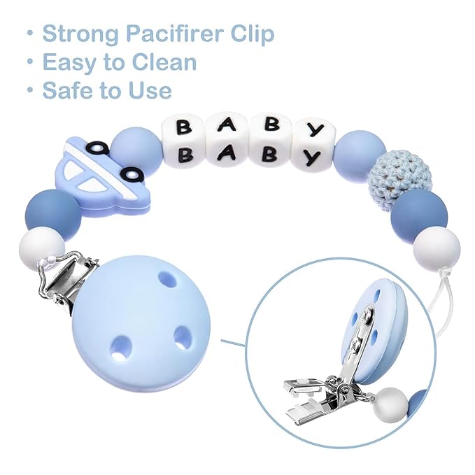 Personalized Pacifier Clip with Name for Baby, Customized Pacifier Clip Fits All Pacifiers,Car (Blue)