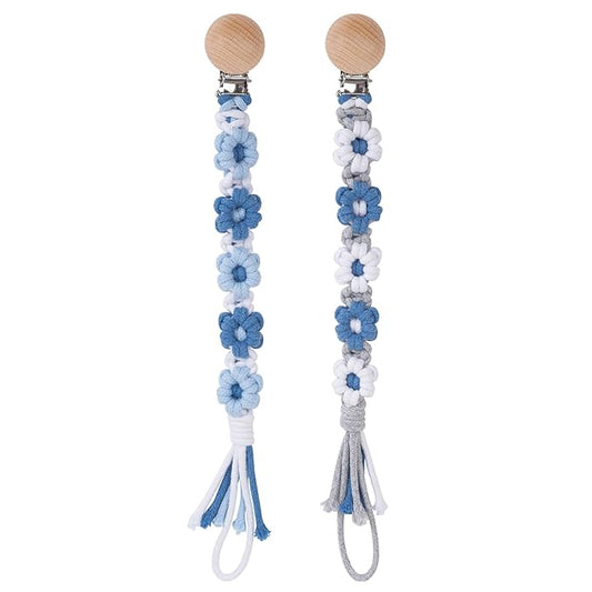 Pacifier Clip for Boys Girls Floral Daisy Macrame Baby Paci Clip Pacifier Holder Leash Boho Wooden Clips Handmade Braided Cotton Binky Clips (2pack:Blue Daisy × 2)