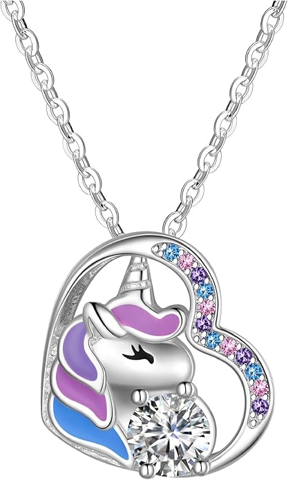 Unicorn Necklace for Girls, Initial Necklaces for Little Girls Kids Children, Hypoallergenic 925 Sterling Silver Kids Jewelry Colorful CZ Unicorn Gifts for Birthday Kindergarten Graduation Wedding