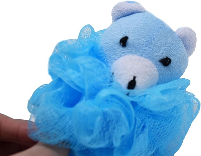 Cute Unicorn Kids Bath Loofahs Balls for Baby Girls Boys Mesh Shower Ball Pouf Exfoliating Bath Sponge Body Cleaner Bath Accessories (Blue Bear B)