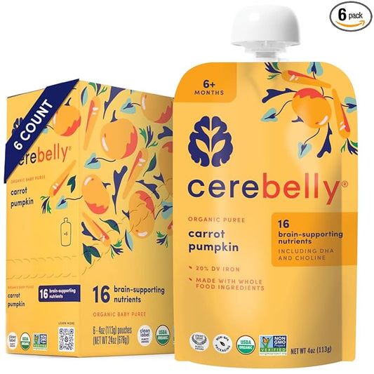 Cerebelly Organic Baby Food Pouches – Organic Veggie Purees for Toddlers | No Added Sugar, Fiber, Non-GMO | Blended Toddler Food | 4oz BPA-Free Baby Food | Carrot Pumpkin | 6 Count