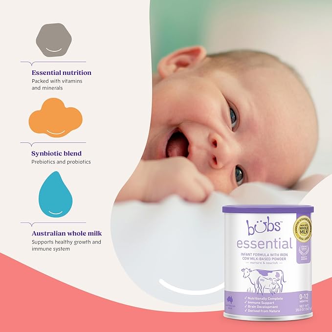 Bubs Essential Infant Formula, with Iron, Cow Milk-Based Powder, for Infants 0-12 Months, Made with Non-GMO Milk, 20 oz