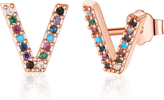 Memorjew Initial Stud Earrings for Women, Hypoallergenic 925 Sterling Silver Post Rainbow Cubic Zirconia Gold Plated 26 Initial Earrings for Women Jewelry Gifts