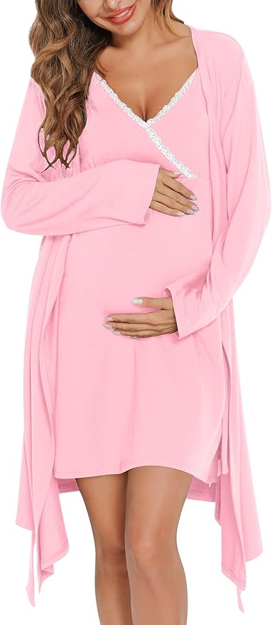 SWOMOG Womens Maternity Robe 2 Piece Nursing Nightgown for Breastfeeding 3 in 1 Labor Delivery Nursing Dress Lace Bathrobe