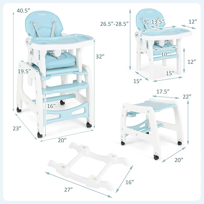 INFANS 5 in 1 Baby High Chair, Convertible Toddler Table Chair Set, Rocking Chair, Multi-Function Seat with Lockable Universal Wheels, Adjustable Seat Back, Removable Trays (Blue)
