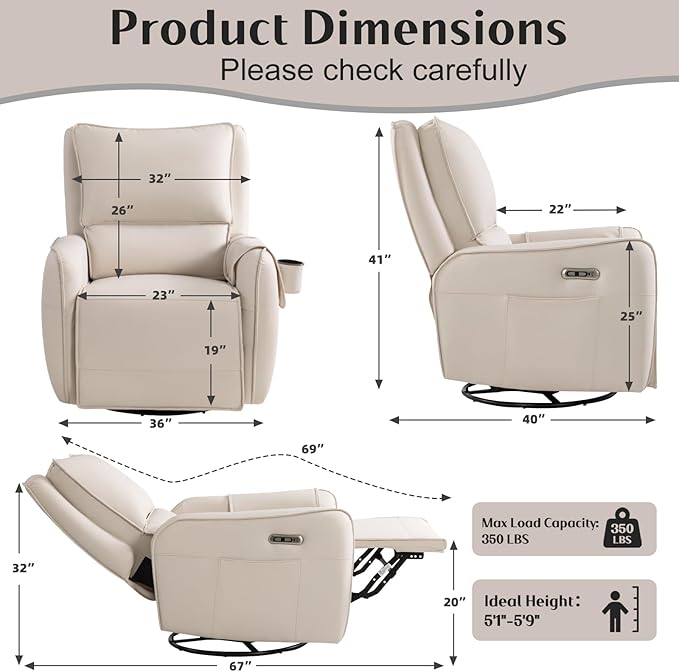 Power Recliner Gliders for Nursery, Electric Swivel Rocker Recliner Chair, Comfy Upholstered Living Room Reclining Rocking Chairs with Lumbar Support
