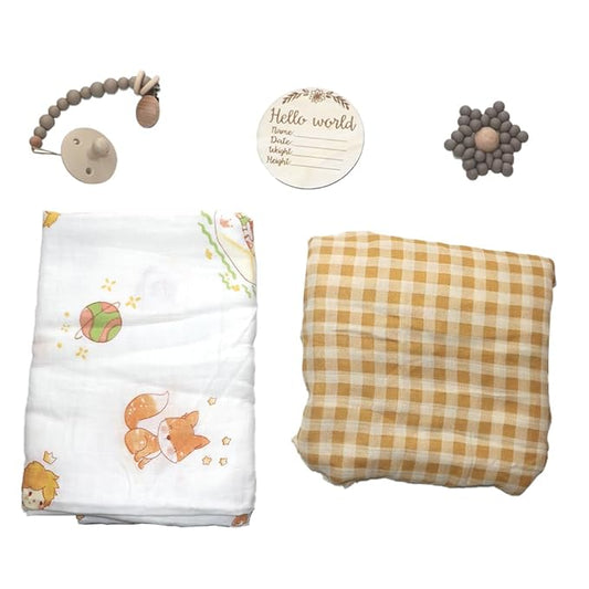 DI'FRANT Newborn Baby Gift Box | Educational Teething Toy & Soothing Crochet Rattle Set | 70% Bamboo & 30% Cotton | Perfect Baby Full Moon Gift in Eco-Friendly Kraft Box (White Checkered)