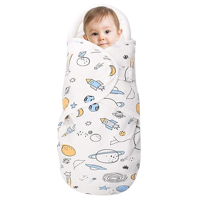 Organic Cotton Baby Swaddle Blankets, Unisex Baby Blanket Wrap for Newborn Baby Boys Girls, Skin Friendly Wearable Swaddling Sleep Sack Calms Startle Reflex (Planet, White, 3-6 Months)