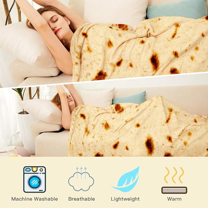Burrito Tortilla Throw Blanket, 2.0 Double Sided Burritos Taco Tortilla Wrap Blankets for Adults Kids, Giant Funny Realistic Food Blankets, Soft Flannel Round Throw Blanket