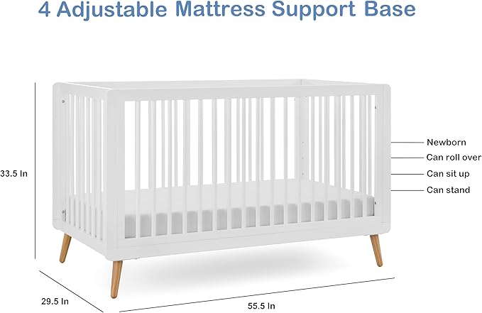 Tatum 3-in-1 Convertible Crib, White Finish, Solid Wood, Adjustable Mattress Height, Converts to Toddler Bed & Daybed, Fits Standard Full-Size Crib Mattress