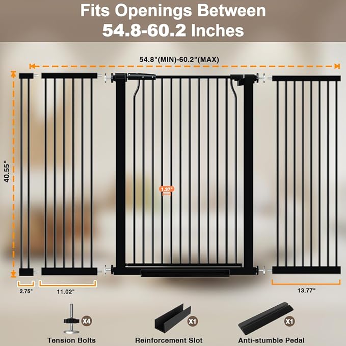 41" Extra Tall Dog Gate for Doorways Stairs, 54.8-60.2 in in Wide Baby Gates Walk Thru, No Drill Long Pet Gate for Doggie Puppy, Auto Close Large Child Safety Gate with Door Indoor, Black