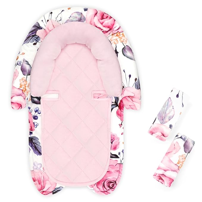 Baby Car Seat Head Body Support & Strap Covers, 2 in 1 Infant Car Seat Insert, Reversible Soft Breathable Newborn Cushion Pads for Preemie, Perfect for Baby Carseats, Strollers, Swings (Floral)