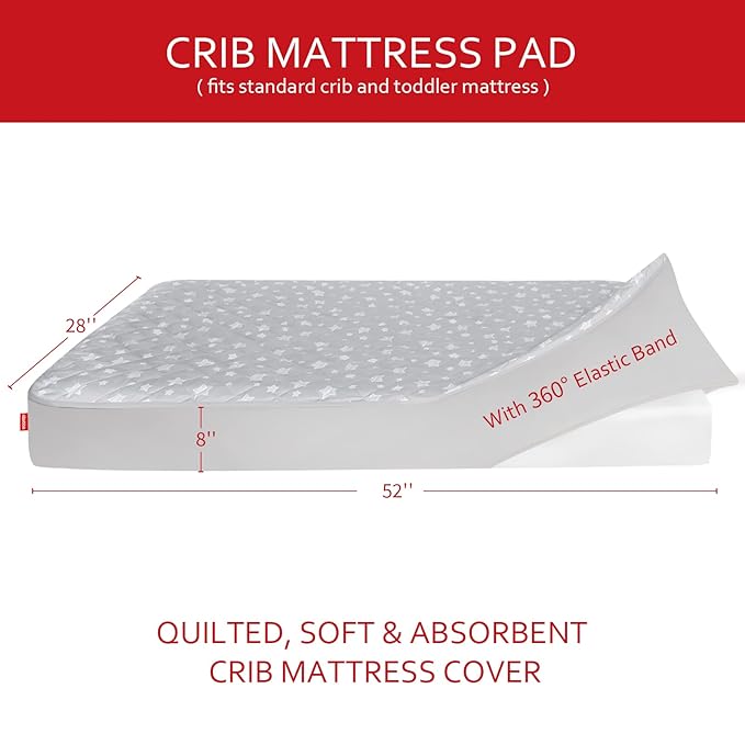 Crib Mattress Protector Waterproof 2 Pack, Quilted Crib Mattress Pad Cover 52" x 28" Extra Soft Breathable Toddler Bed Cover Stretch Up to 8", Grey & Navy Star