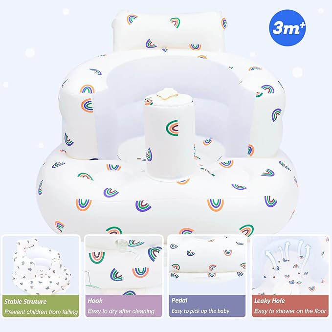 Inflatable Baby Chair, Baby Inflatable Seat for Babies 3 Months and Up Summer Inflatable Baby Seat for Sitting Up, Blow Up Baby Floor Seat with Built in Air Pump, Rainbow
