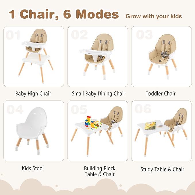BABY JOY 6 in 1 High Chair, Convertible High Chairs for Babies and Toddlers/Booster Seat/Table and Chair Set, Infant Wooden Highchair w/ 5-Point Harness, 4-Position Removable Tray & PU Cushion (Khaki)