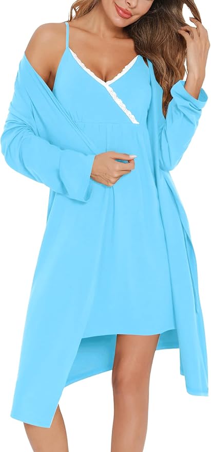 SWOMOG Womens Maternity Robe 2 Piece Nursing Nightgown for Breastfeeding 3 in 1 Labor Delivery Nursing Dress Lace Bathrobe