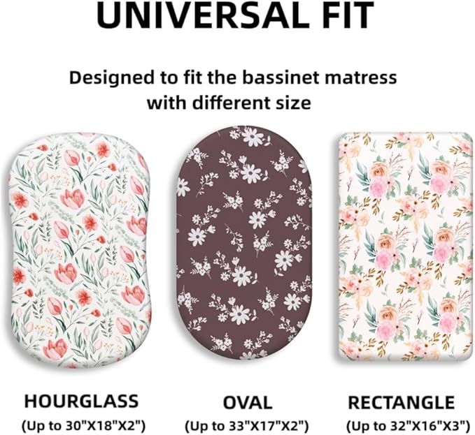4 Pack Baby Girl Bassinet Sheets Set Soft Fitted Floral or Elephant Theme Baby Girl Mattress Covers Breathable Toddler Bed Sheets for Infant or Newborn Girls (Flower, Bassinet Sheets)