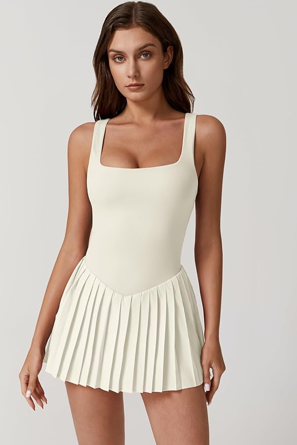 QINSEN Womens Square Neck Tennis Dress Pleated Sleeveless Built in Shorts Golf Athletic Dress with Pockets